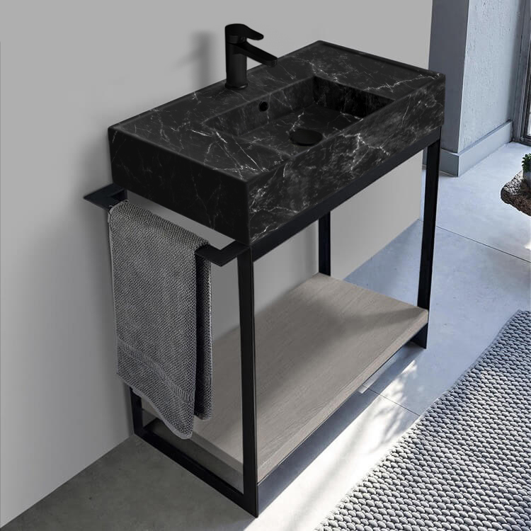 Scarabeo 5123-G-SOL2-88 Console Sink Vanity With Black Marble Design Sink and Grey Oak Shelf, 35 Inch